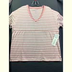 Move Mama Pink White Striped Nursing Tee V-Neck Short Sleeve Maternity Top XL